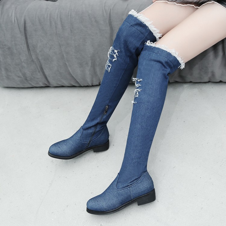 Denim Fashion Boots with Faux Fur Lining and Cutout Details