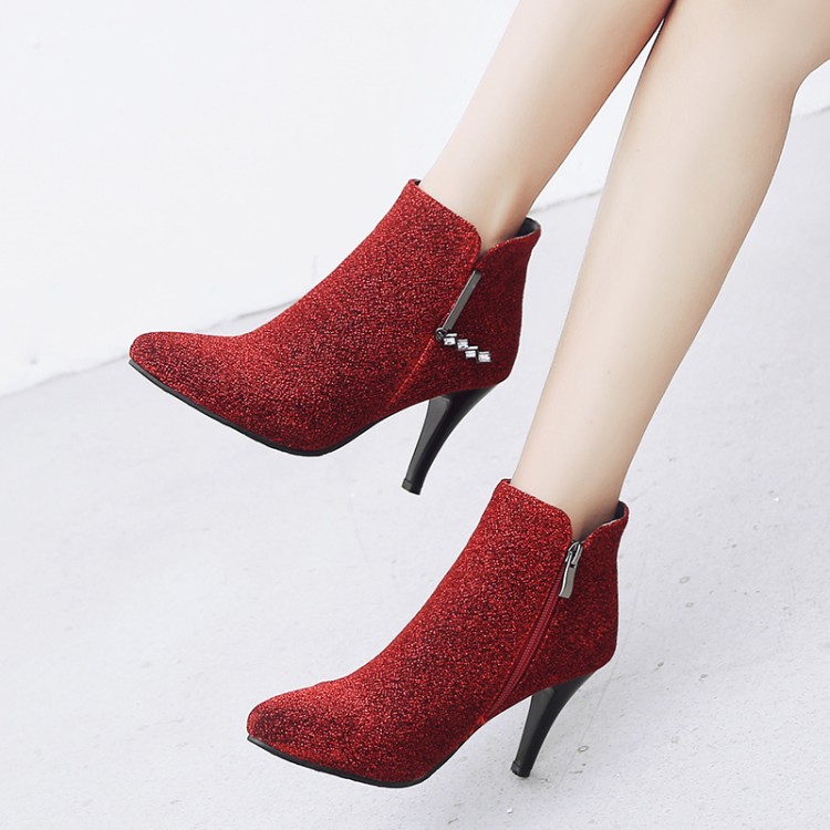 Suede High Heel Stiletto Ankle Boots with Metal Decoration