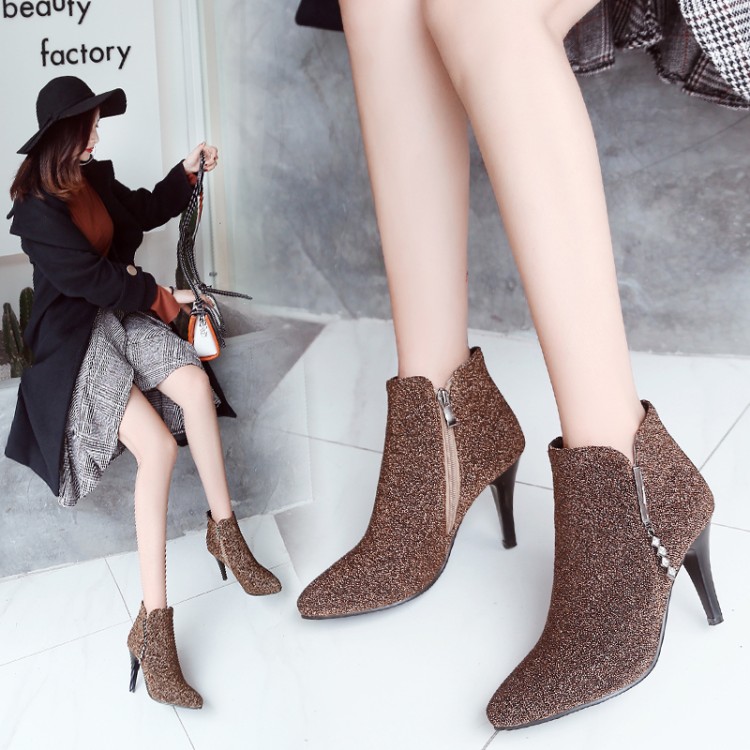Suede High Heel Stiletto Ankle Boots with Metal Decoration - Image 3