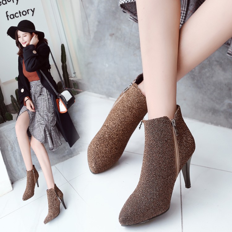 Suede High Heel Stiletto Ankle Boots with Metal Decoration - Image 4