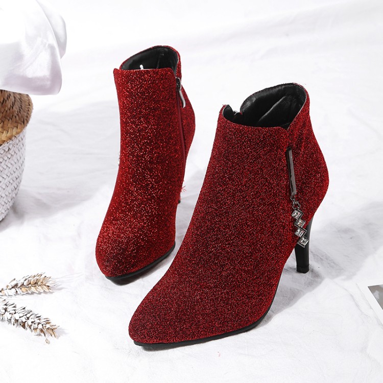 Suede High Heel Stiletto Ankle Boots with Metal Decoration - Image 5
