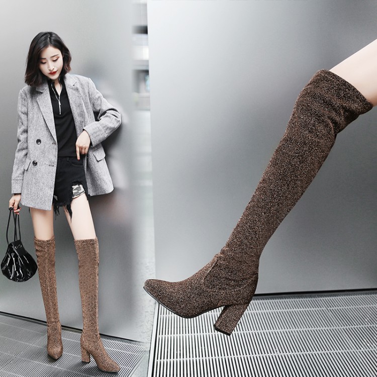 Women's High Heel Chunky Sock Boots with Sequins