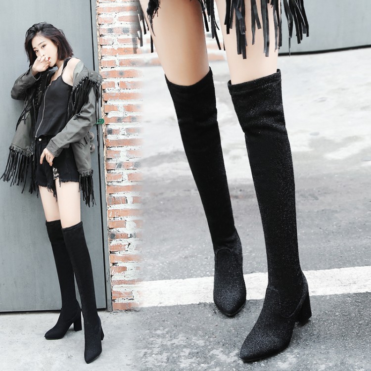 Women's High Heel Chunky Sock Boots with Sequins - Image 2