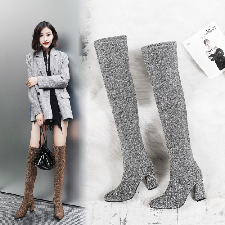 Women's High Heel Chunky Sock Boots with Sequins - Image 3