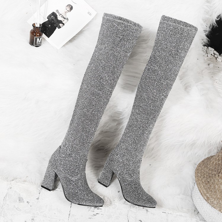 Women's High Heel Chunky Sock Boots with Sequins - Image 4