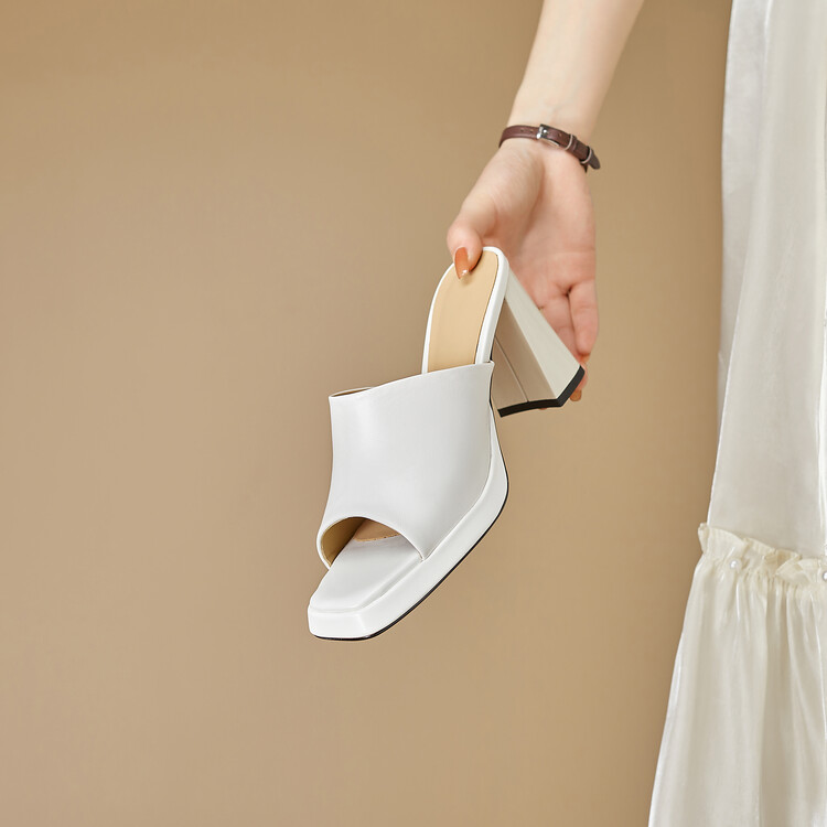 Women's High Heel Leather Slippers with Chunky Heel and Platform - Image 2