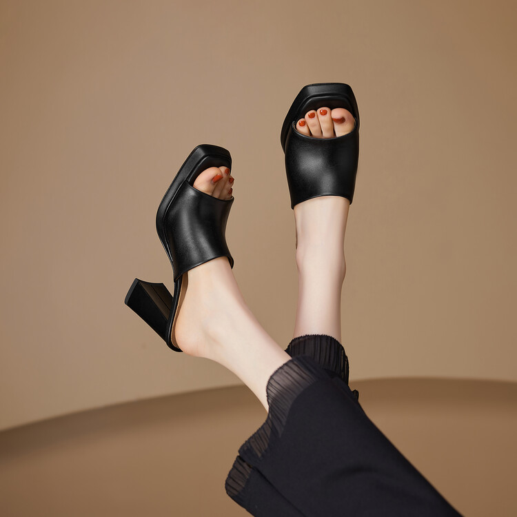 Women's High Heel Leather Slippers with Chunky Heel and Platform - Image 4