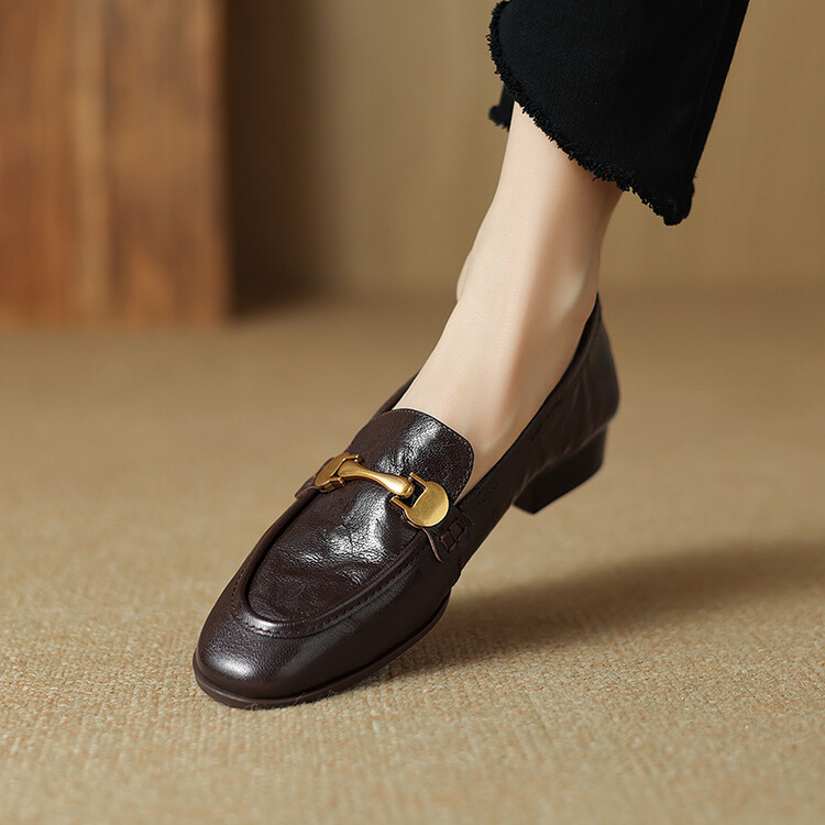 Women's Leather Loafers Low Chunky Heel Slip-On Casual Shoes - Style g.html - Image 2