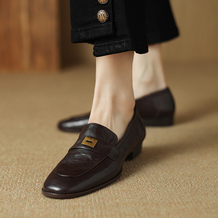 Women's Leather Loafers Low Chunky Heel Slip-On Casual Shoes - Style k.html