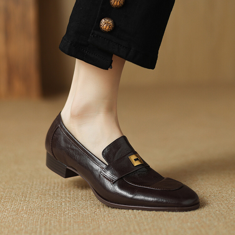 Women's Leather Loafers Low Chunky Heel Slip-On Casual Shoes - Style k.html - Image 2