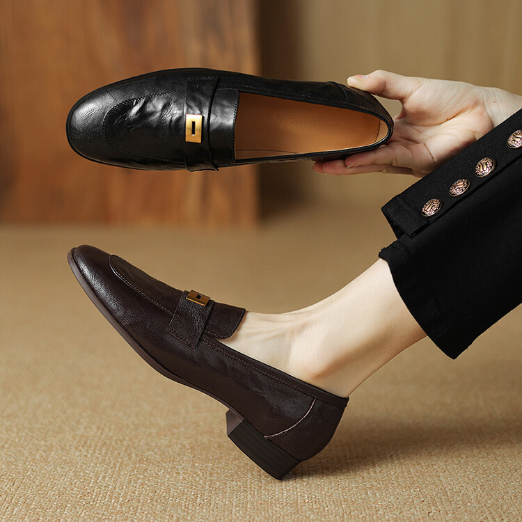 Women's Leather Loafers Low Chunky Heel Slip-On Casual Shoes - Style k.html - Image 5