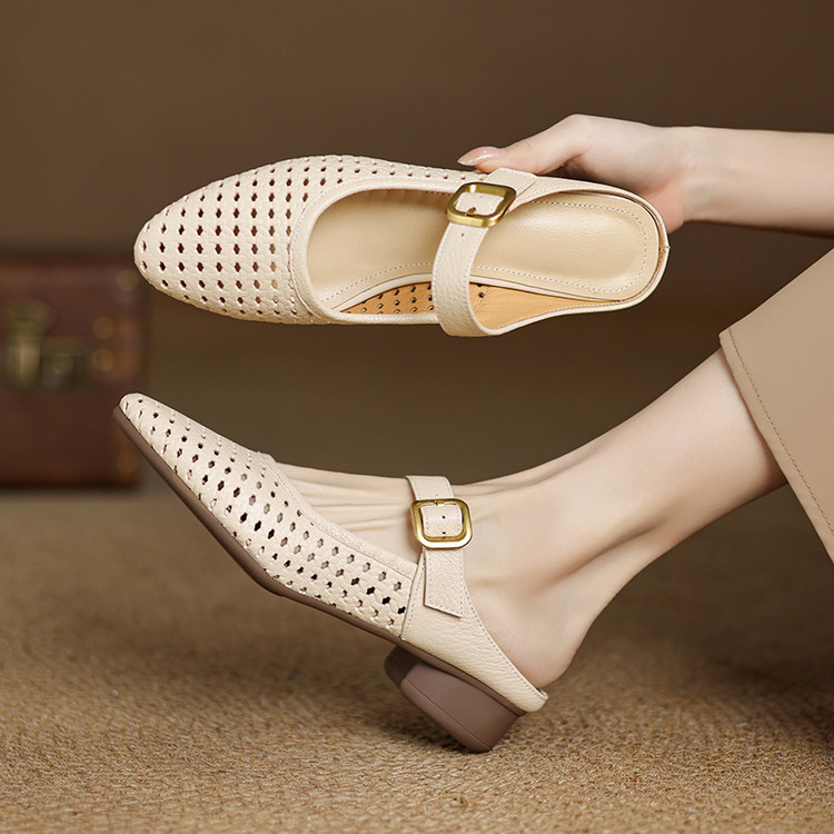 Women's Leather Slippers with Mid Chunky Heel - Summer 2025