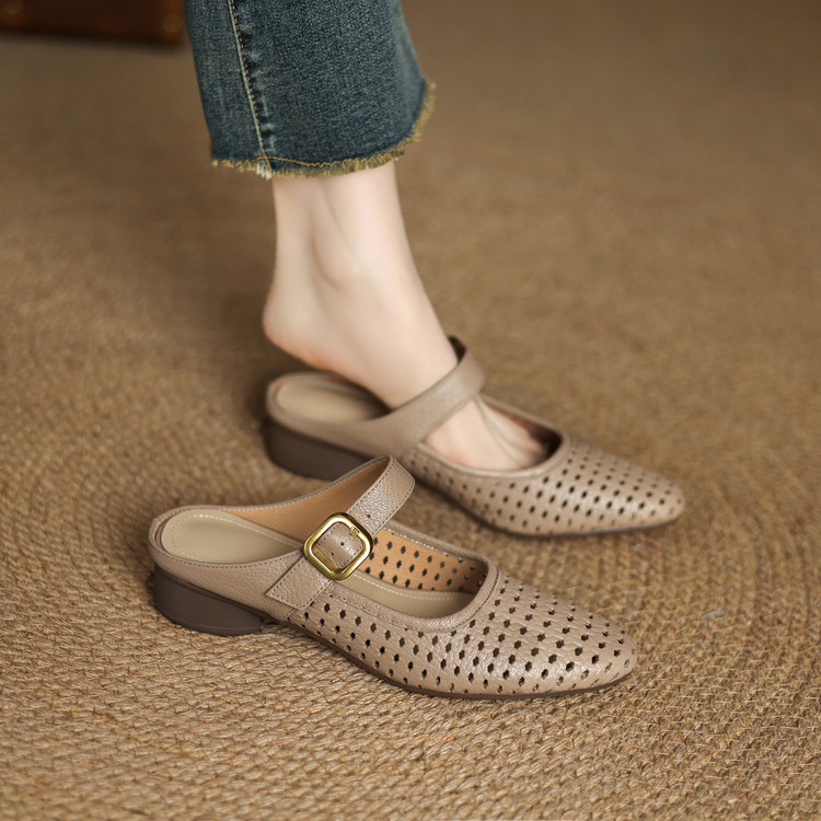 Women's Leather Slippers with Mid Chunky Heel - Summer 2025 - Image 5