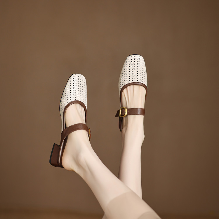 Women's Low Chunky Heel Slippers in Genuine Leather