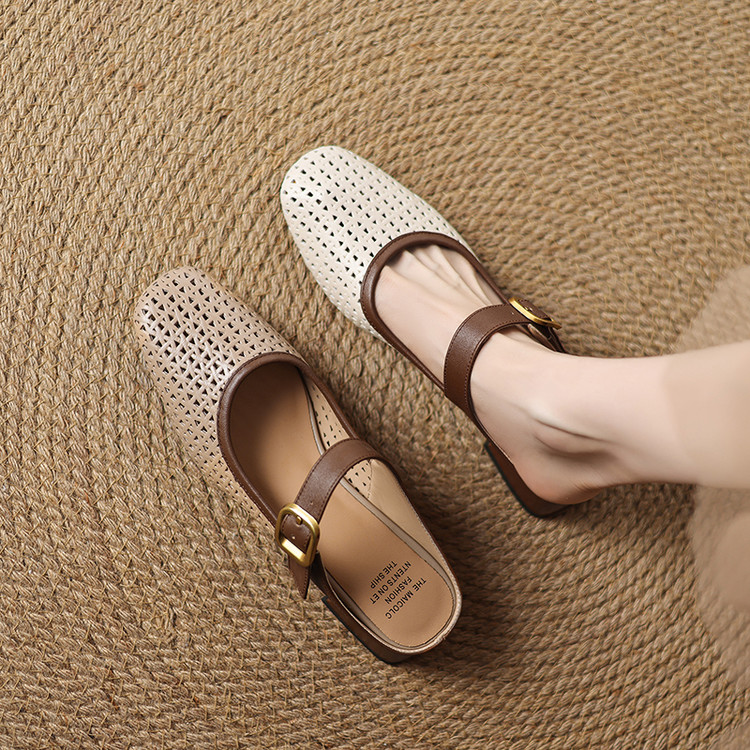 Women's Low Chunky Heel Slippers in Genuine Leather - Image 3