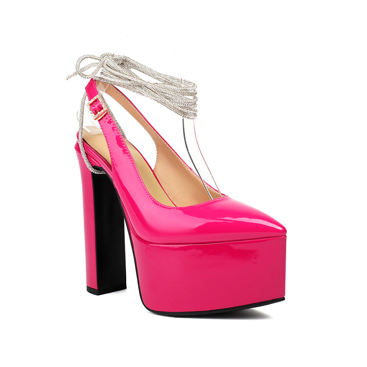 Women's Pointed Toe Chunky Heel Platform Sandals with Rhinestones - Image 5