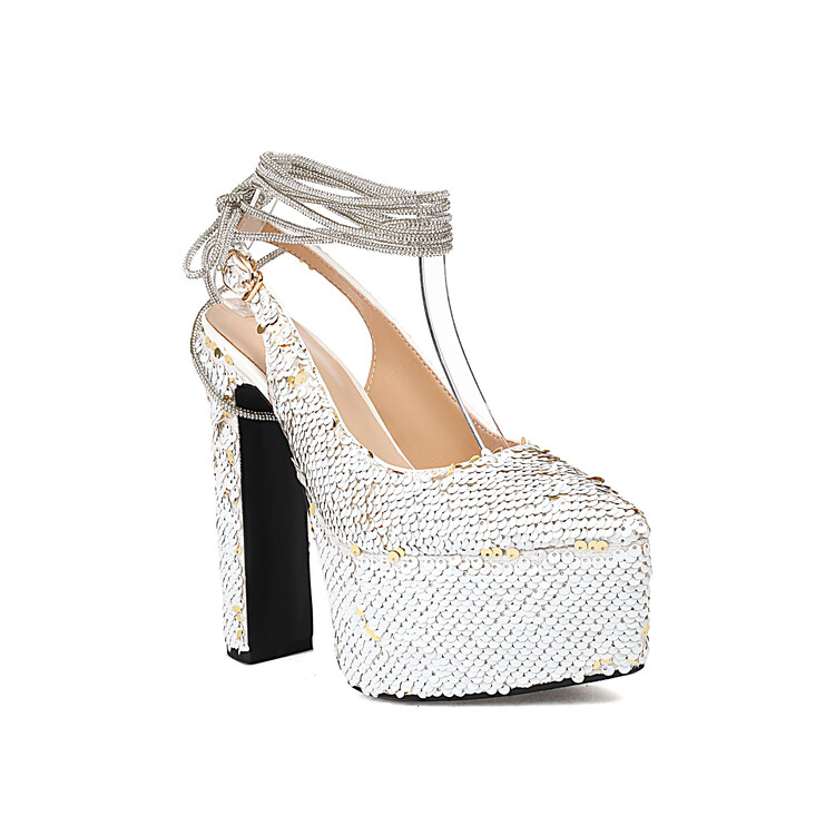 Women's Pointed Toe Rhinestone Platform Sandals - Chunky High Heel - Image 5