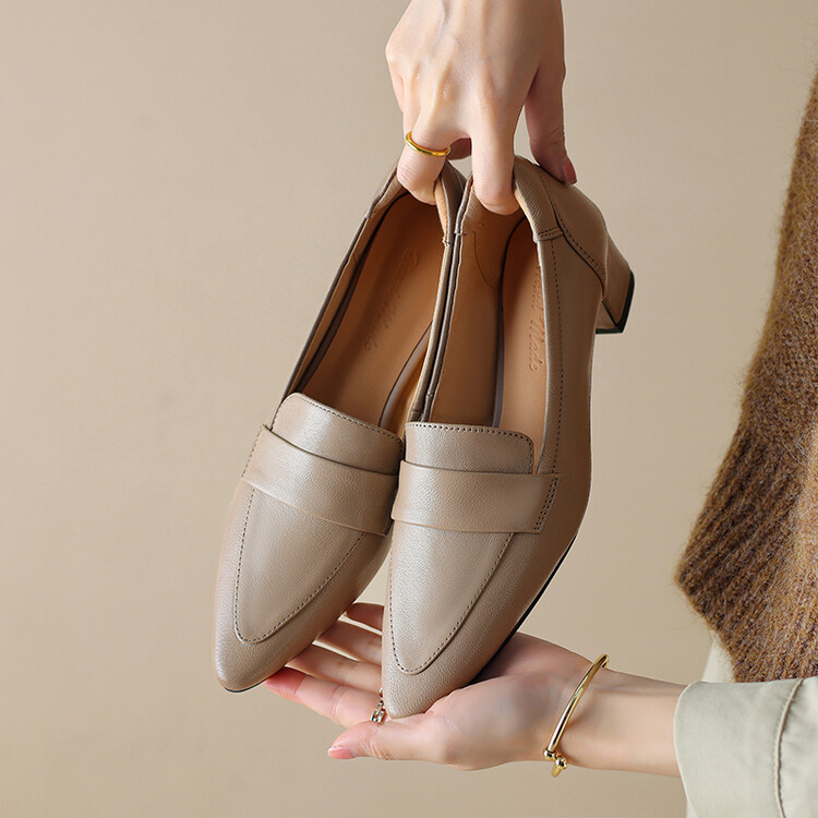 Women's Retro Pointed Toe Chunky Mid Heel Loafers