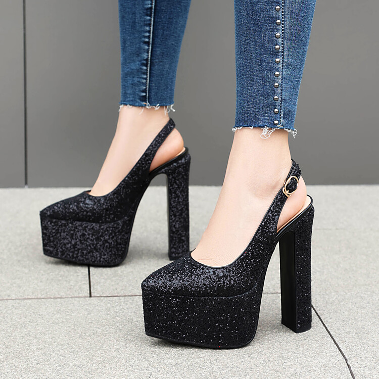 Women's Sequin Pointed Toe Platform Chunky High Heel Sandals - Image 4