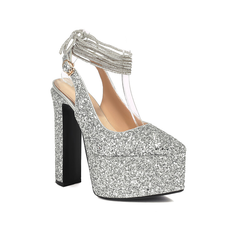 Women's Sequin Pointed Toe Platform Chunky High Heel Sandals - Image 5