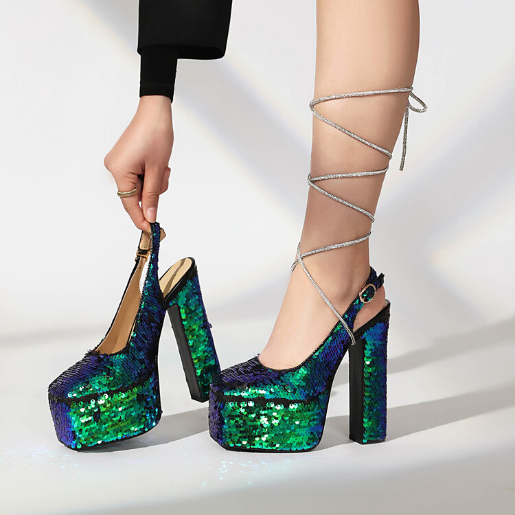 Women's Sequin Square Toe Block Heel Sandals - Style s.html