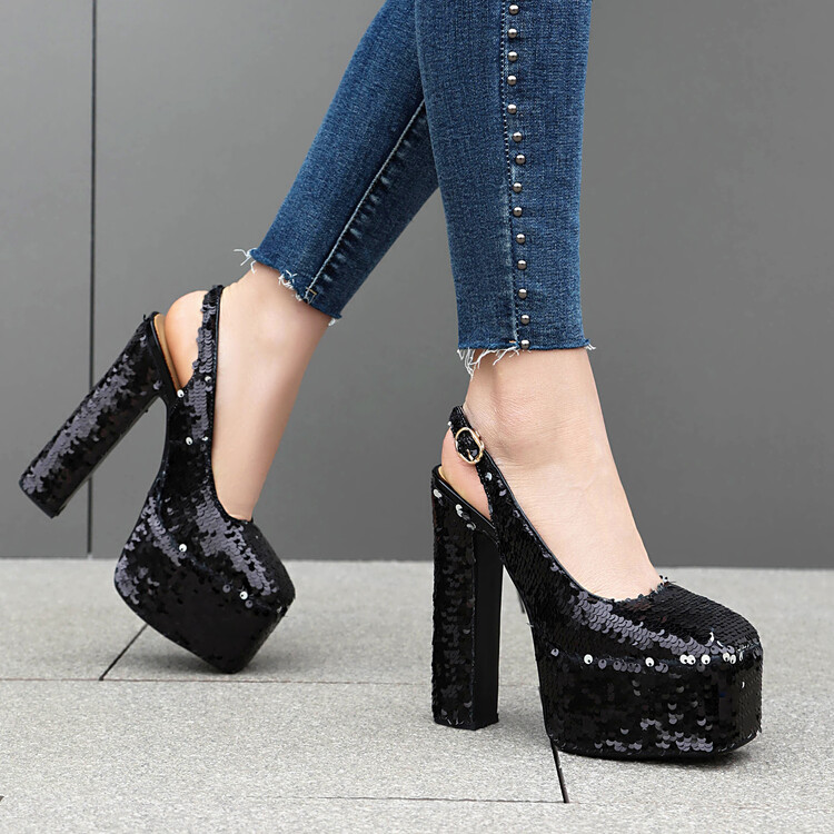 Women's Sequin Square Toe Block Heel Sandals - Style s.html - Image 4