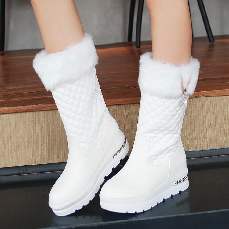 Women's Winter Snow Boots - PU Upper, Rubber Sole, Mid-Calf, Platform, Metal Decoration